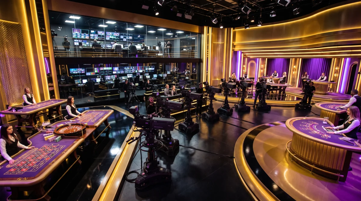 Μεγάλο στούντιο live casino με πολλαπλά τραπέζια και κάμερες μετάδοσης