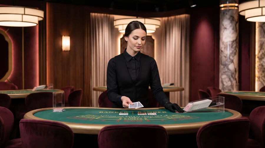 Dealer κρατά χαρτιά σε live baccarat τραπέζι με ζώνες banker και player
