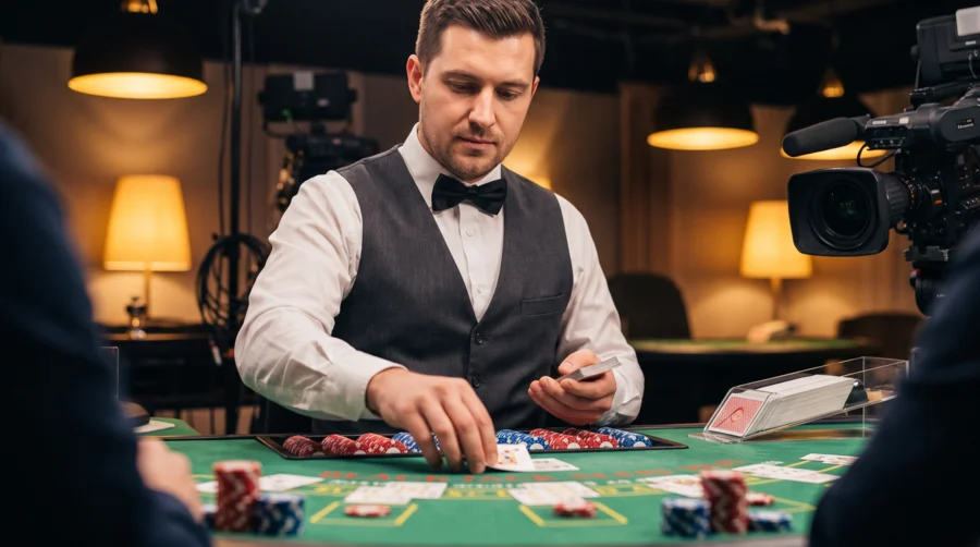 Dealer μοιράζει χαρτιά σε live blackjack τραπέζι με πράσινη τσόχα